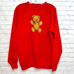 90s Vintage Made in USA Red Hanes Sweatshirt with Sparkle Puff Paint Bear